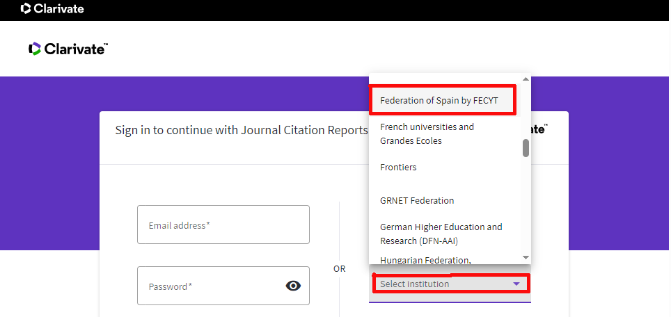 En el desplegable Select institution seleccione la opción Federation of Spain by FECYT