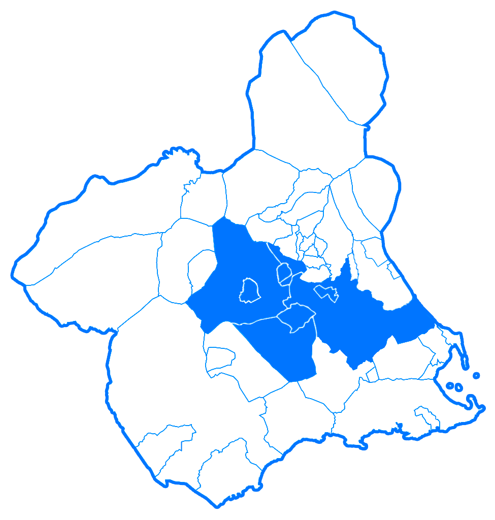 Mapa de la Región de Murcia divida en municipios señalando los que pertenecen al área 1, llamada Murcia/Oeste