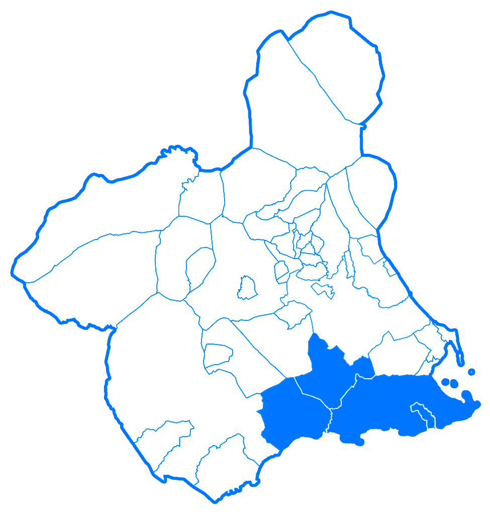 Mapa de la Región de Murcia divida en municipios señalando los que pertenecen al área 2, llamada Cartagena
