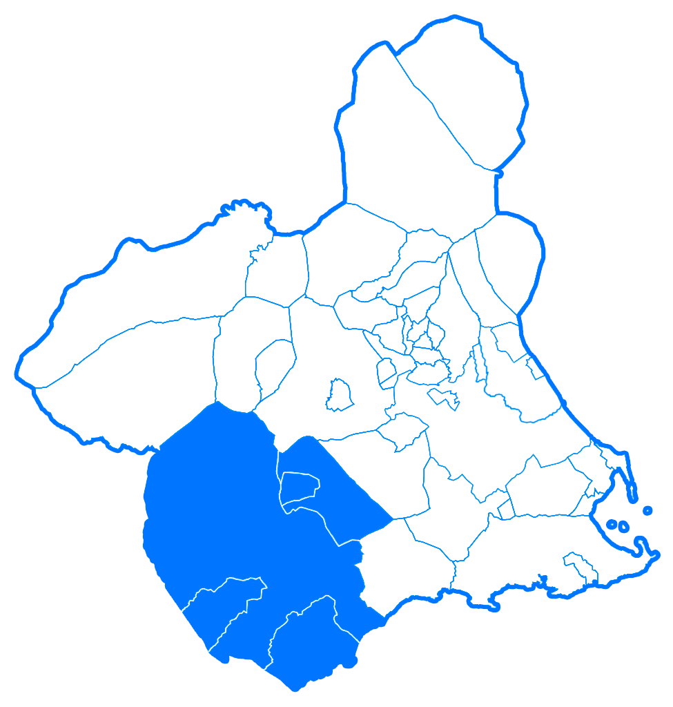 Mapa de la Región de Murcia divida en municipios señalando los que pertenecen al área 3, llamada Lorca