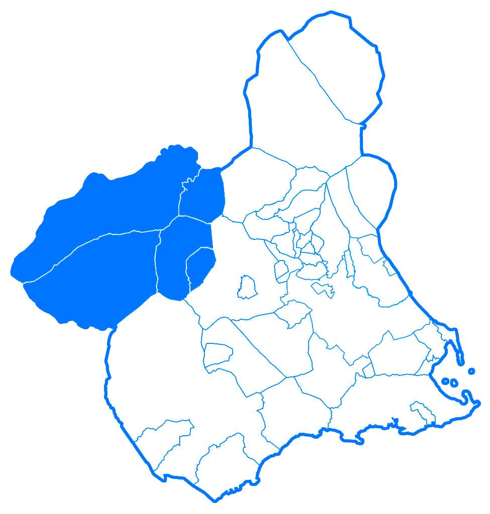 Mapa de la Región de Murcia divida en municipios señalando los que pertenecen al área 4, llamada Noroeste