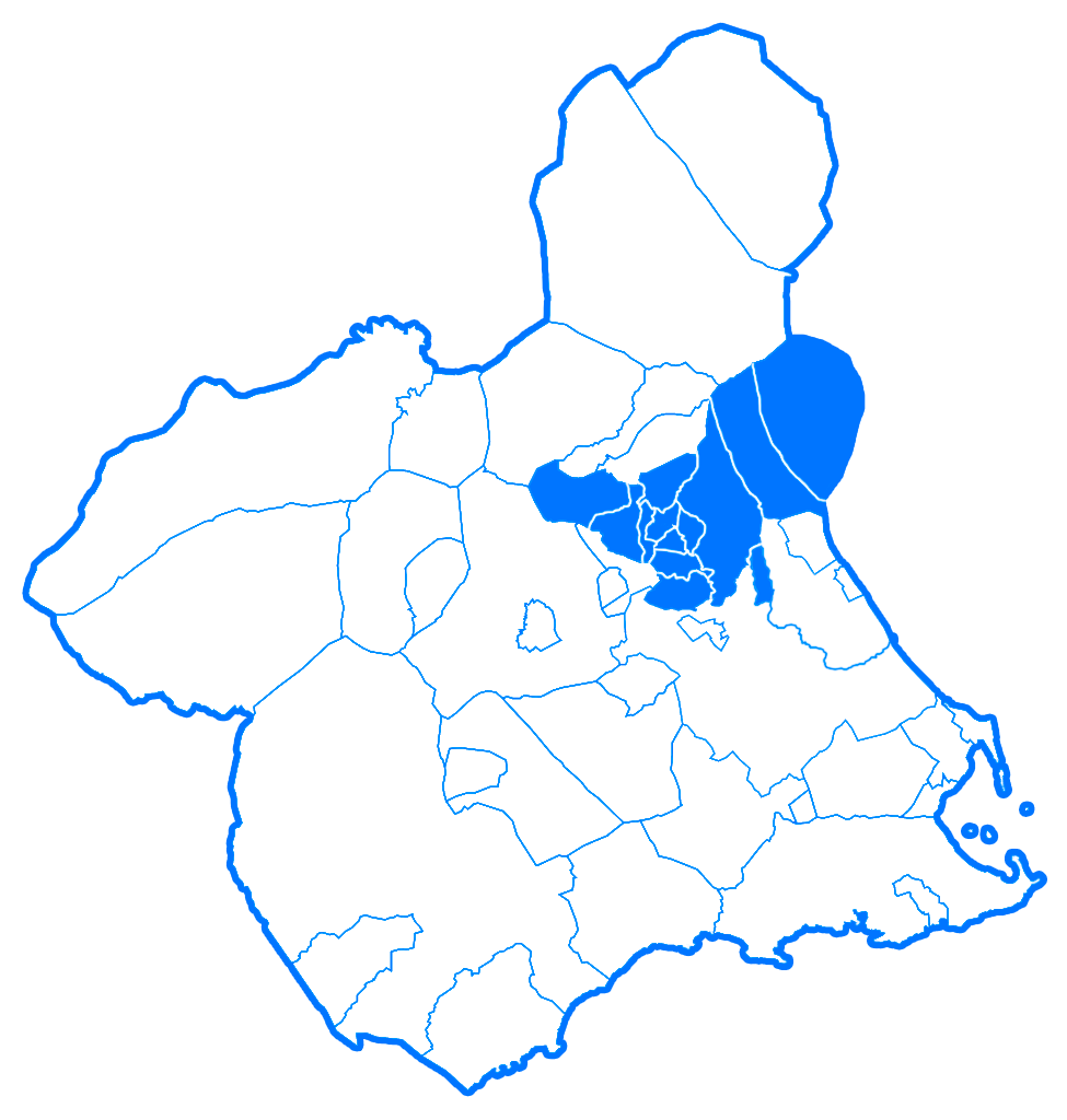 Mapa de la Región de Murcia divida en municipios señalando los que pertenecen al área 6, llamada Vega Media del Segura