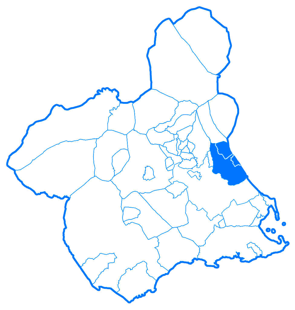 Mapa de la Región de Murcia divida en municipios señalando los que pertenecen al área 7, llamada Murcia/Este