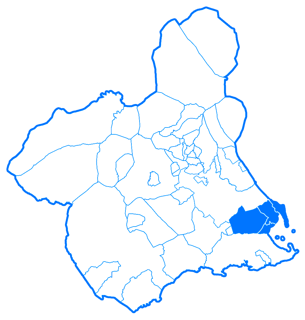 Mapa de la Región de Murcia divida en municipios señalando los que pertenecen al área 8, llamada Mar Menor